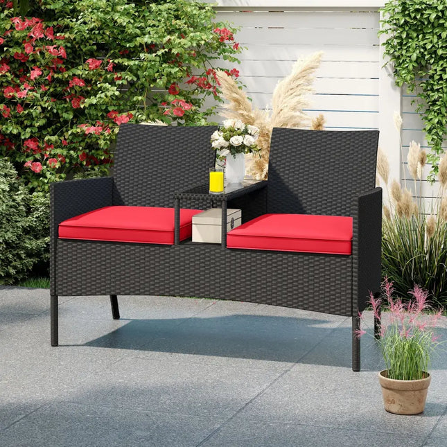 Patio Loveseat with Built-in Table for Backyard Porch-Red - Red - Patio Conversation Sets