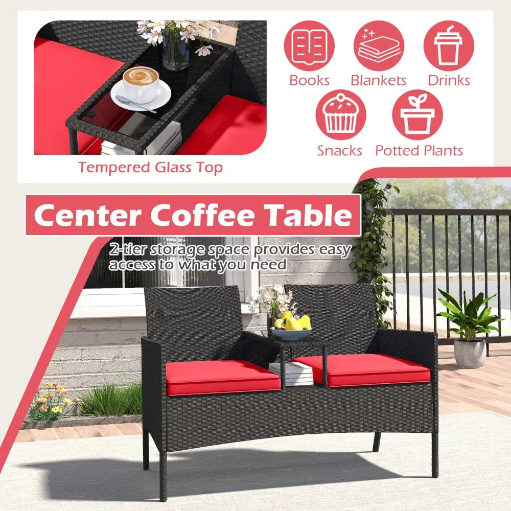 Patio Loveseat with Built-in Table for Backyard Porch-Red - Red - Patio Conversation Sets