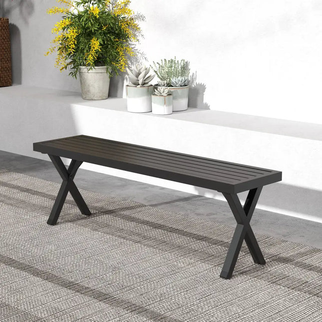 Patio Metal Bench with Slatted Seat and X Legs - Black - Outdoor Benches