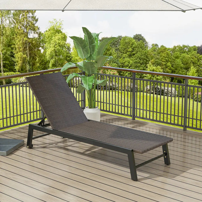 Patio PE Rattan Chaise Lounge with 5-Level Backrest and Wheels-Brown - Brown - Outdoor Chaise Lounges