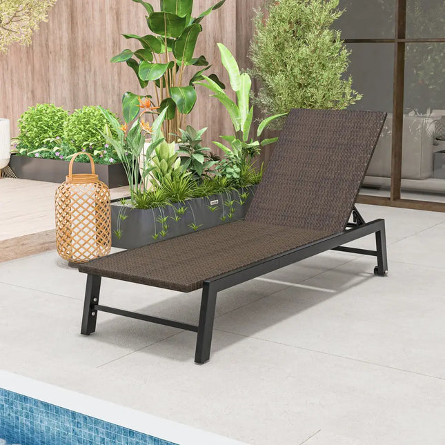 Patio PE Rattan Chaise Lounge with 5-Level Backrest and Wheels-Brown - Brown - Outdoor Chaise Lounges