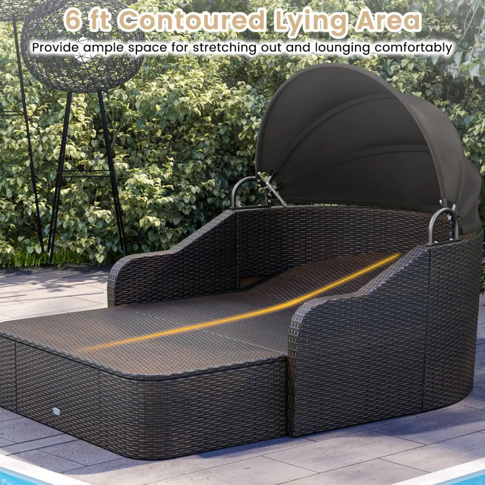 Patio PE Rattan Daybed with Retractable Canopy and Soft Cushions-Black - Black - Outdoor Sectionals