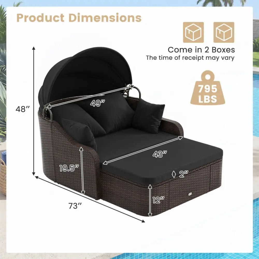 Patio PE Rattan Daybed with Retractable Canopy and Soft Cushions-Black - Black - Outdoor Sectionals