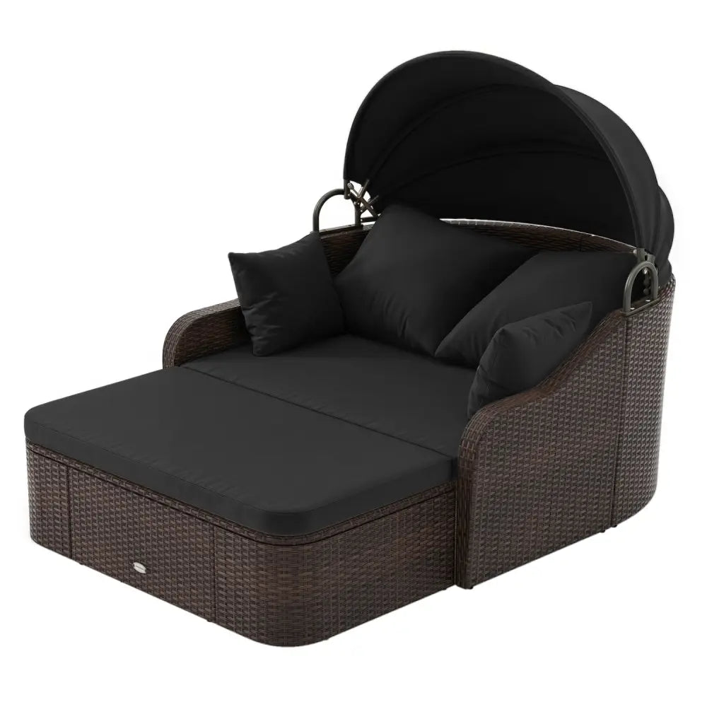 Patio PE Rattan Daybed with Retractable Canopy and Soft Cushions-Black - Black - Outdoor Sectionals