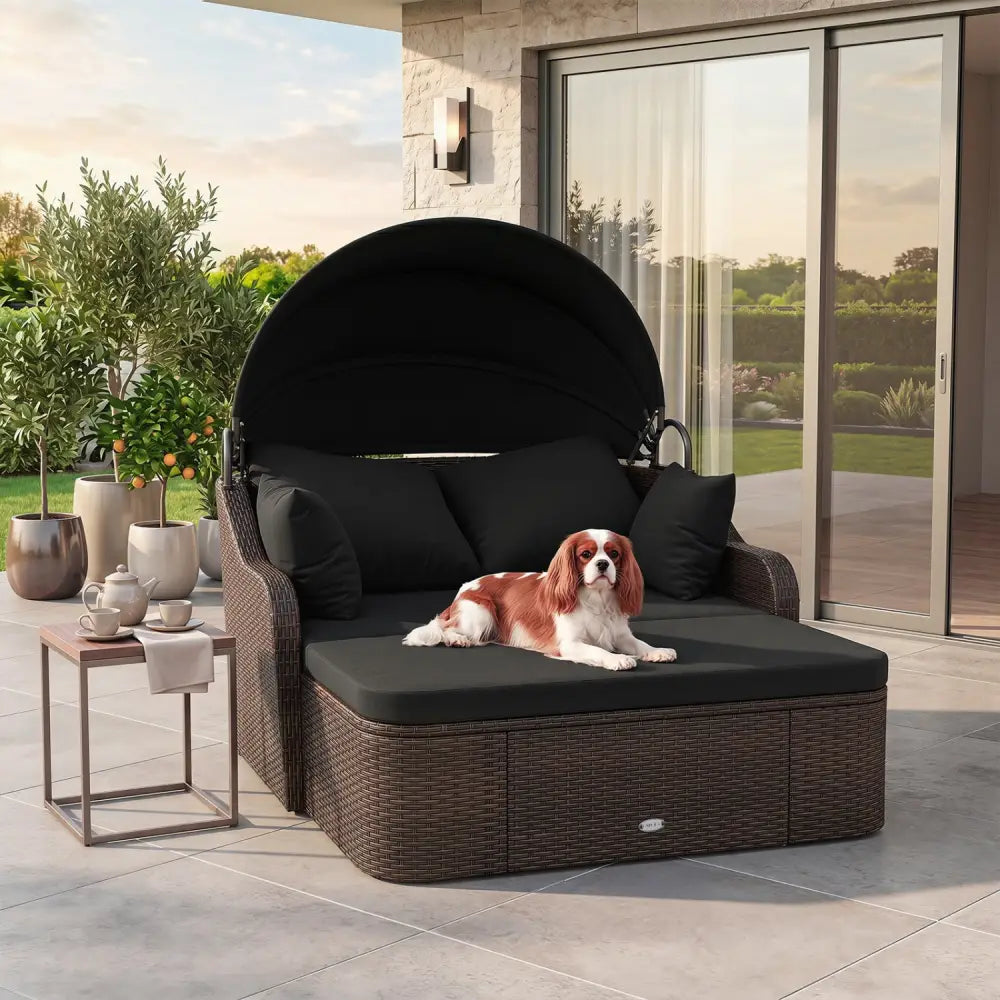 Patio PE Rattan Daybed with Retractable Canopy and Soft Cushions-Black - Black - Outdoor Sectionals