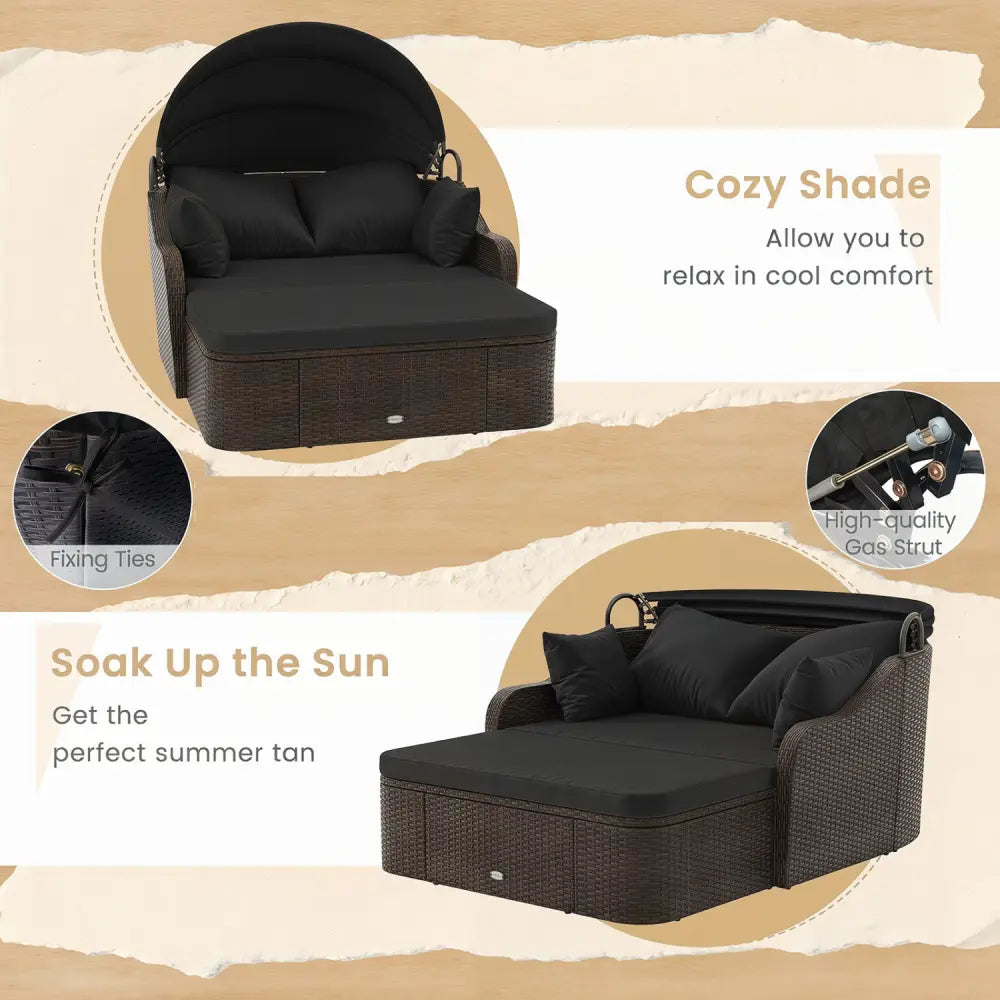Patio PE Rattan Daybed with Retractable Canopy and Soft Cushions-Black - Black - Outdoor Sectionals