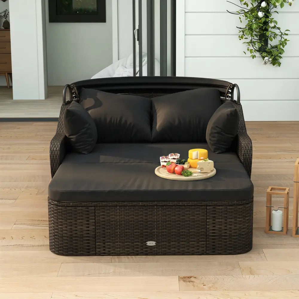 Patio PE Rattan Daybed with Retractable Canopy and Soft Cushions-Black - Black - Outdoor Sectionals