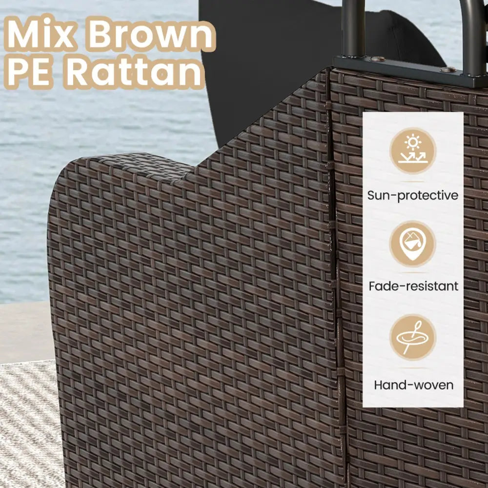 Patio PE Rattan Daybed with Retractable Canopy and Soft Cushions-Black - Black - Outdoor Sectionals