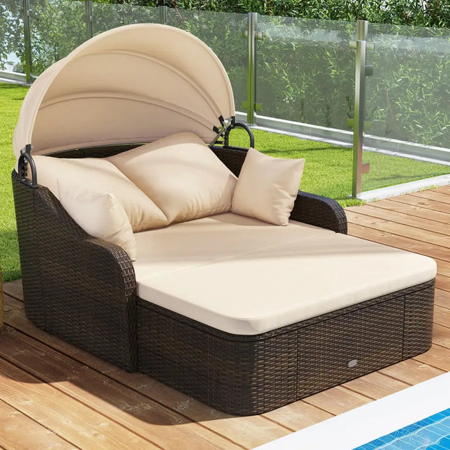 Patio PE Rattan Daybed with Retractable Canopy and Soft Cushions-Beige - Beige - Outdoor Sectionals