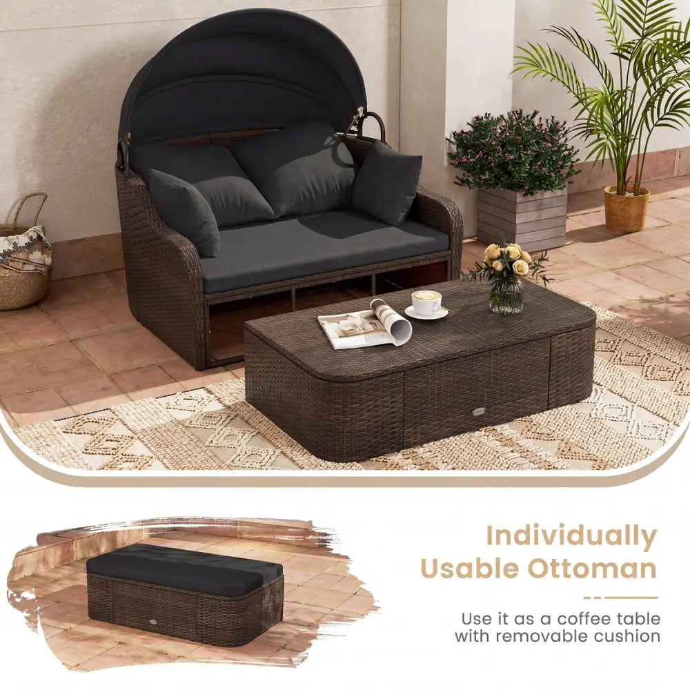 Patio PE Rattan Daybed with Retractable Canopy and Soft Cushions-Black - Black - Outdoor Sectionals