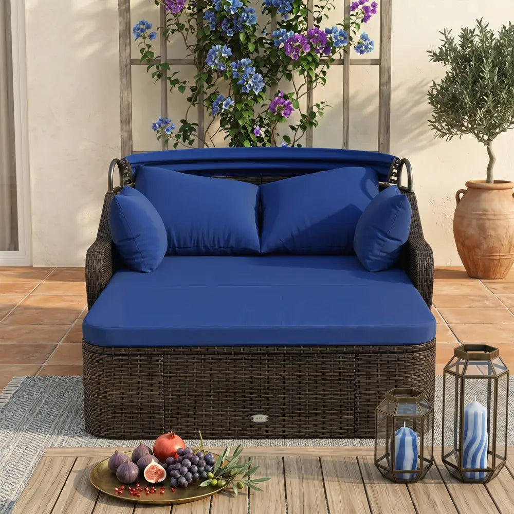 Patio PE Rattan Daybed with Retractable Canopy and Soft Cushions-Navy - Navy - Outdoor Sectionals