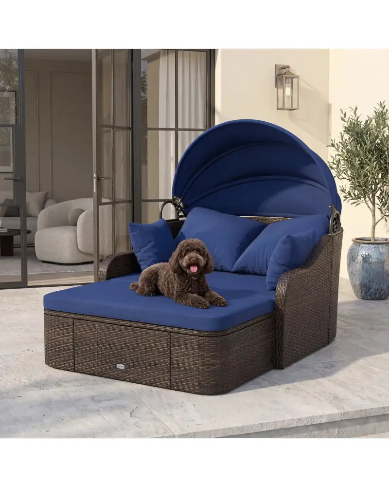Patio PE Rattan Daybed with Retractable Canopy and Soft Cushions-Navy - Navy - Outdoor Sectionals
