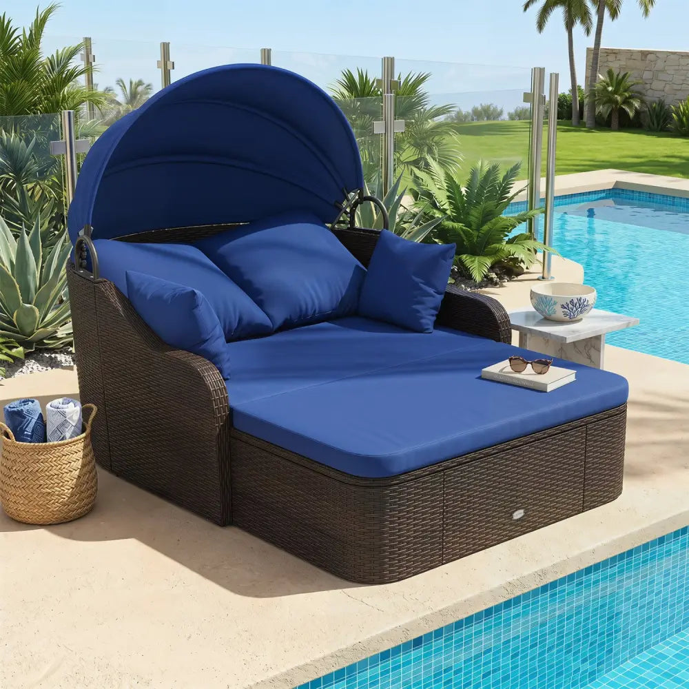Patio PE Rattan Daybed with Retractable Canopy and Soft Cushions-Navy - Navy - Outdoor Sectionals