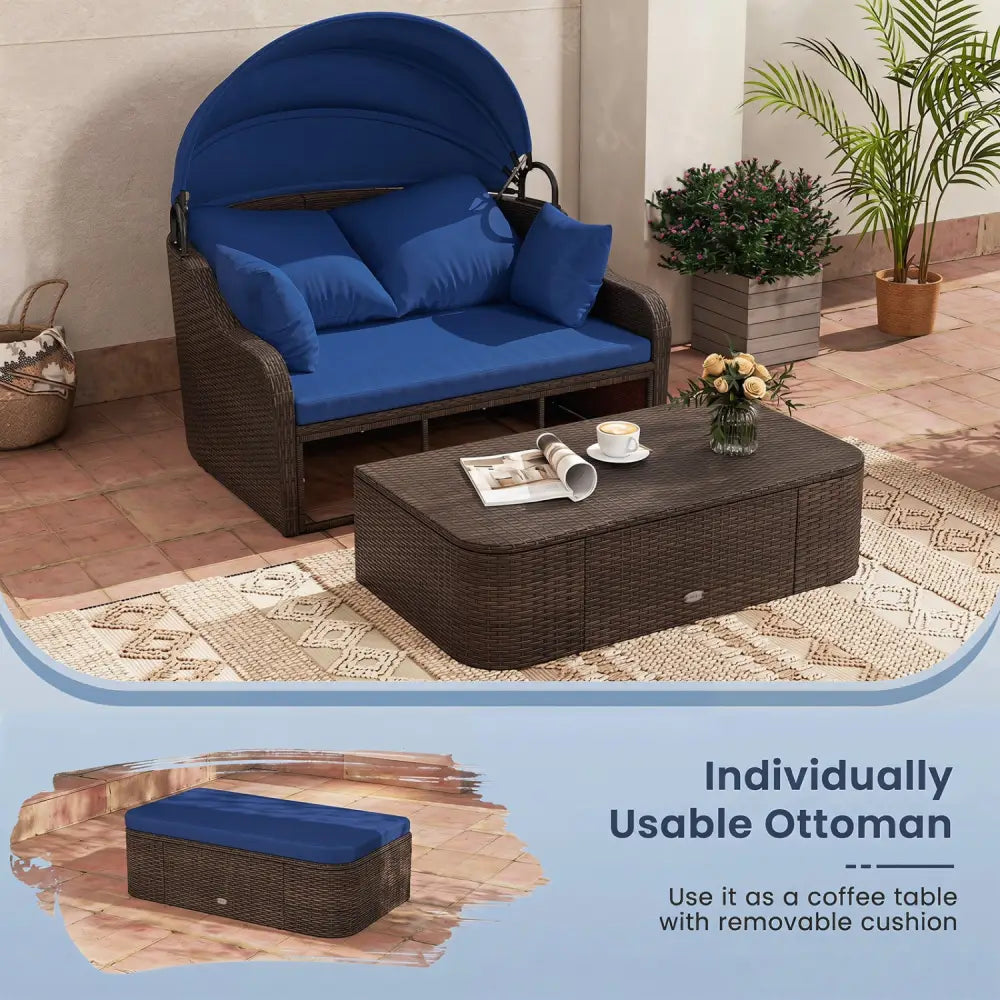 Patio PE Rattan Daybed with Retractable Canopy and Soft Cushions-Navy - Navy - Outdoor Sectionals