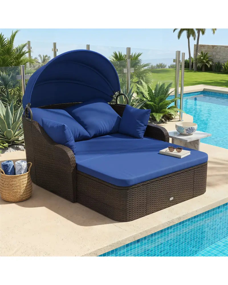 Patio PE Rattan Daybed with Retractable Canopy and Soft Cushions-Navy - Navy - Outdoor Sectionals