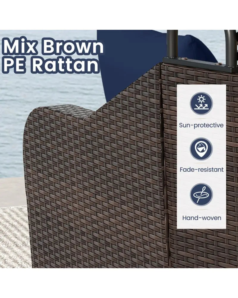 Patio PE Rattan Daybed with Retractable Canopy and Soft Cushions-Navy - Navy - Outdoor Sectionals