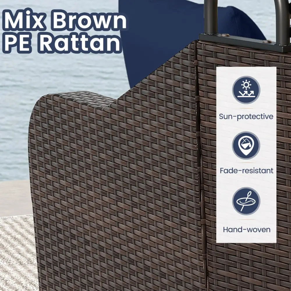 Patio PE Rattan Daybed with Retractable Canopy and Soft Cushions-Navy - Navy - Outdoor Sectionals