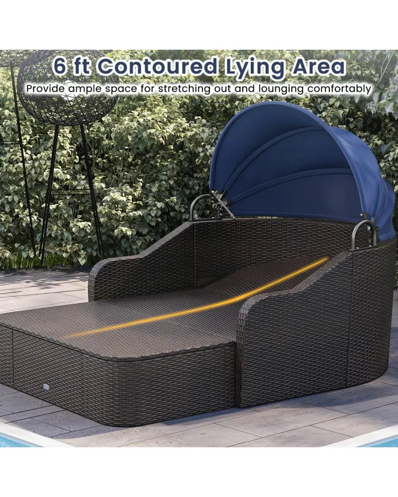 Patio PE Rattan Daybed with Retractable Canopy and Soft Cushions-Navy - Navy - Outdoor Sectionals
