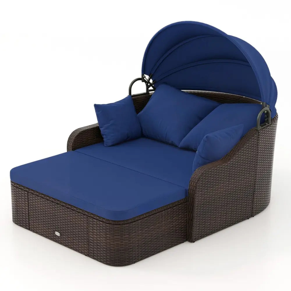Patio PE Rattan Daybed with Retractable Canopy and Soft Cushions-Navy - Navy - Outdoor Sectionals