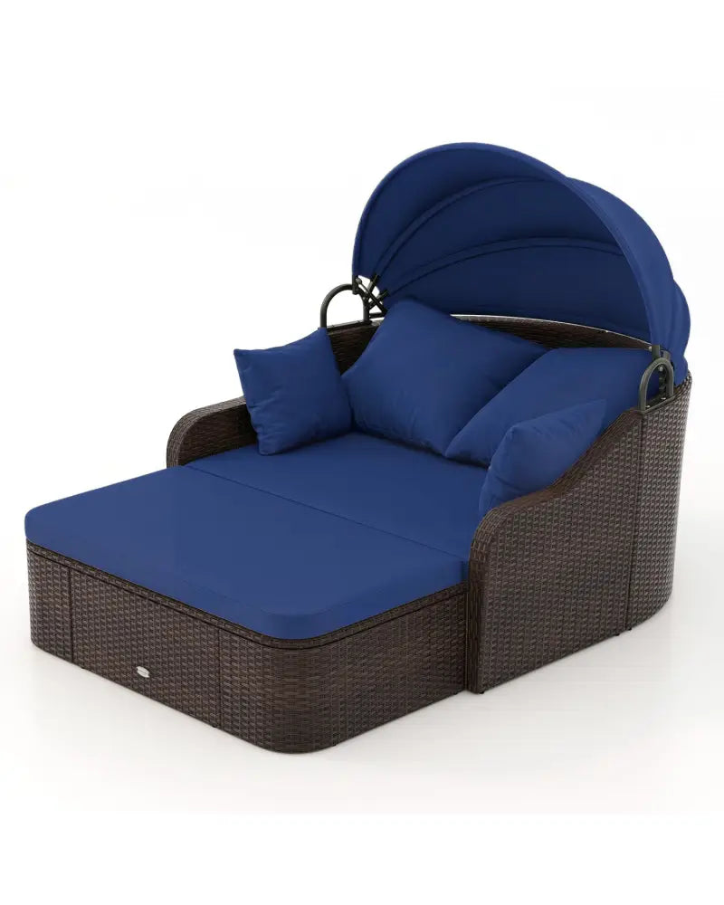 Patio PE Rattan Daybed with Retractable Canopy and Soft Cushions-Navy - Navy - Outdoor Sectionals