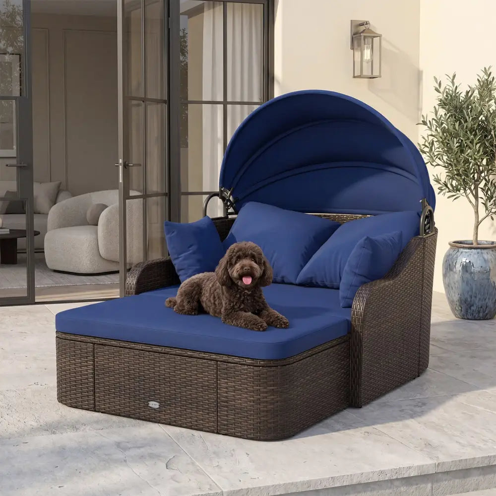 Patio PE Rattan Daybed with Retractable Canopy and Soft Cushions-Navy - Navy - Outdoor Sectionals