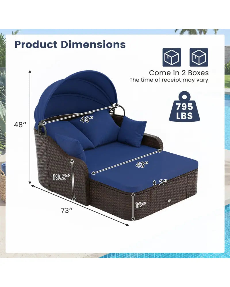 Patio PE Rattan Daybed with Retractable Canopy and Soft Cushions-Navy - Navy - Outdoor Sectionals