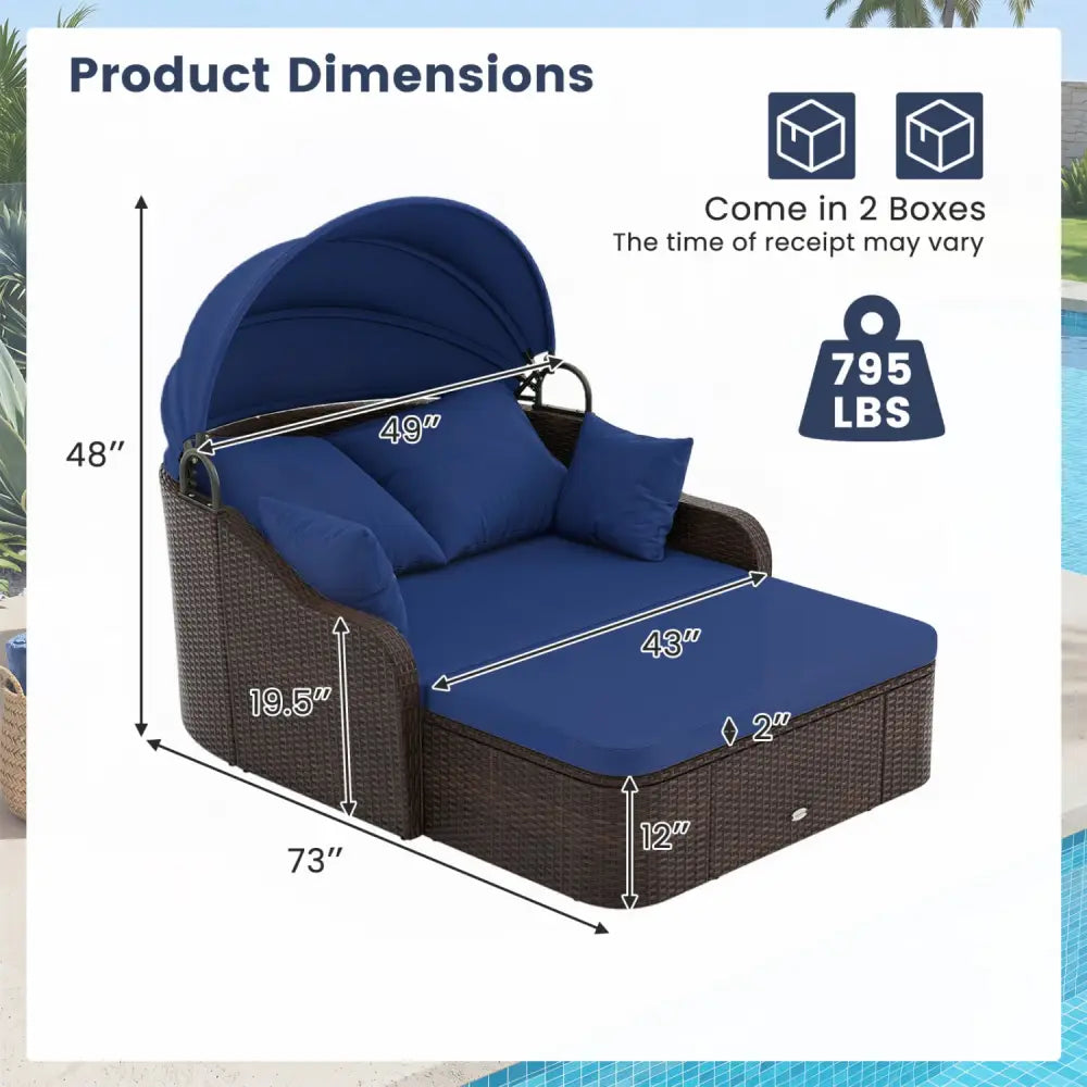 Patio PE Rattan Daybed with Retractable Canopy and Soft Cushions-Navy - Navy - Outdoor Sectionals