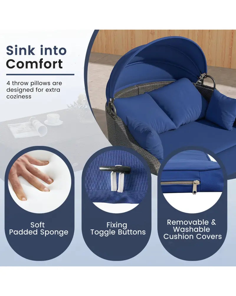 Patio PE Rattan Daybed with Retractable Canopy and Soft Cushions-Navy - Navy - Outdoor Sectionals