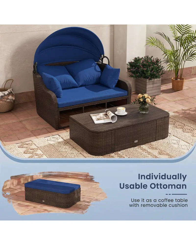 Patio PE Rattan Daybed with Retractable Canopy and Soft Cushions-Navy - Navy - Outdoor Sectionals