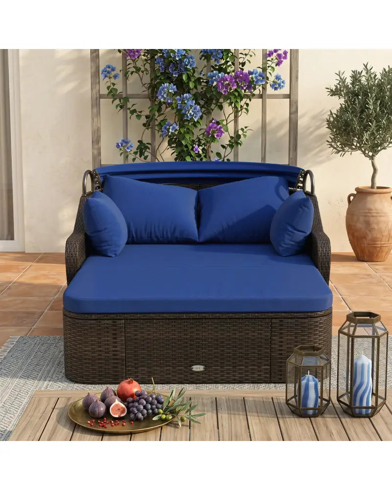 Patio PE Rattan Daybed with Retractable Canopy and Soft Cushions-Navy - Navy - Outdoor Sectionals