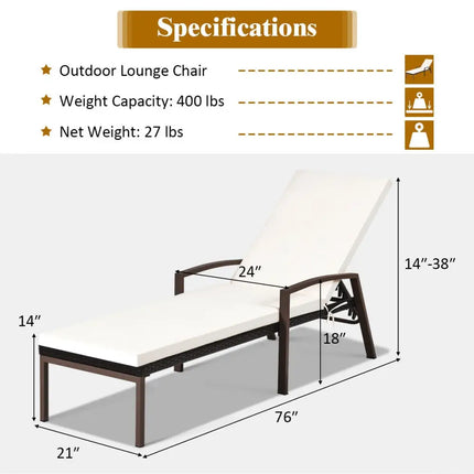 Patio PE Rattan Lounge Chaise Recliner with Back Adjustable Cushioned-White - White - Outdoor Chaise Lounges