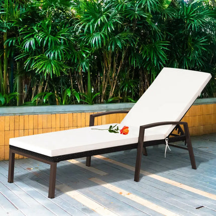 Patio PE Rattan Lounge Chaise Recliner with Back Adjustable Cushioned-White - White - Outdoor Chaise Lounges
