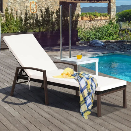 Patio PE Rattan Lounge Chaise Recliner with Back Adjustable Cushioned-White - White - Outdoor Chaise Lounges