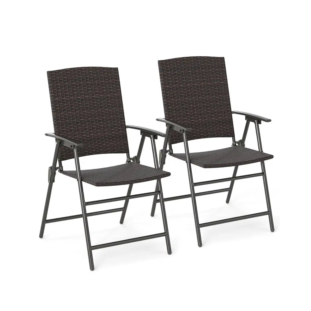 Patio PE Wicker Dining Chairs with Armrests and Metal Frame-Set of 2 - Brown - Patio Dining Chairs