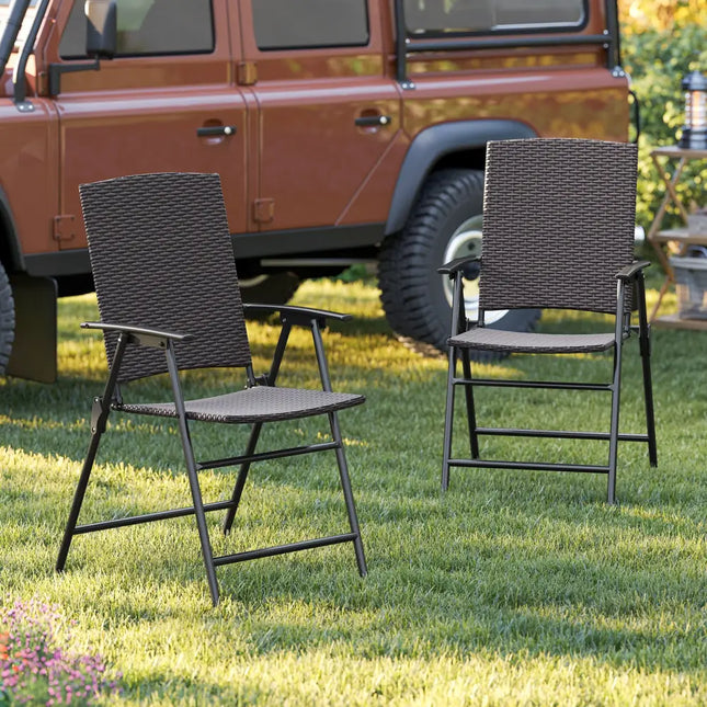Patio PE Wicker Dining Chairs with Armrests and Metal Frame-Set of 2 - Patio Dining Chairs