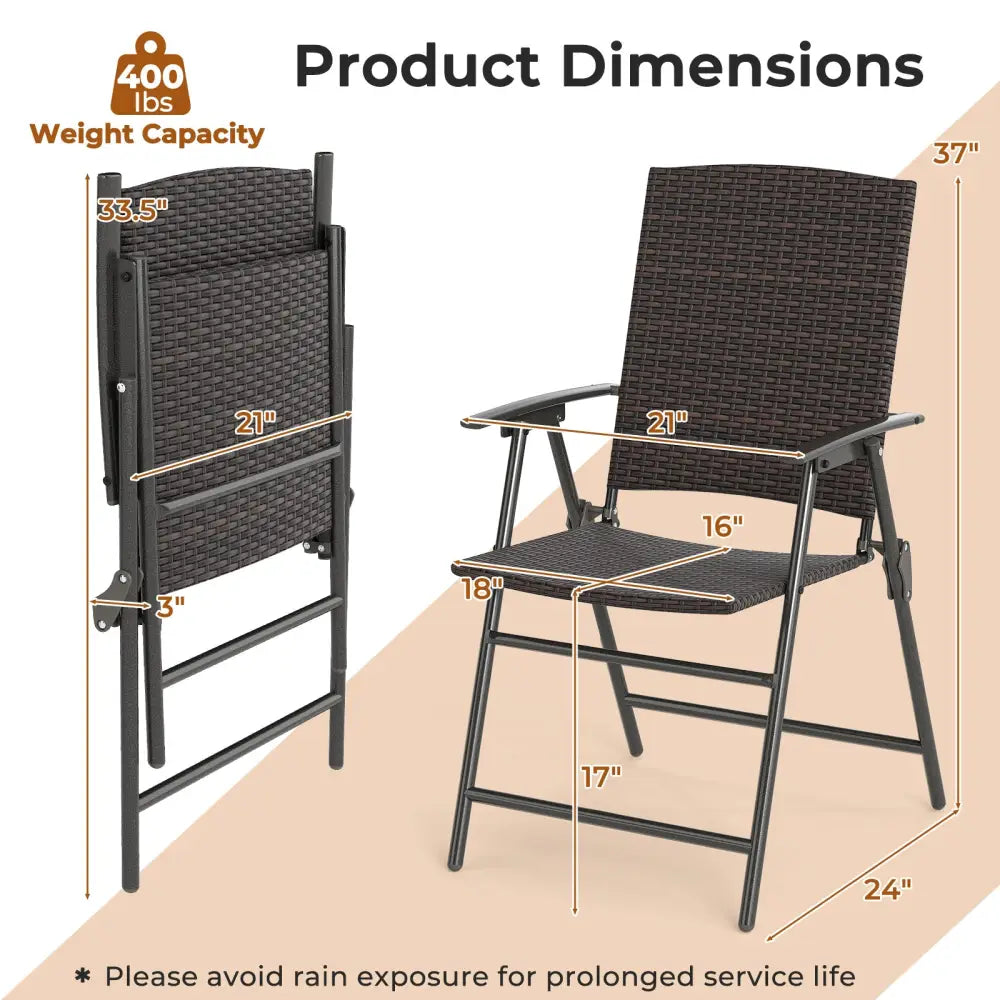 Patio PE Wicker Dining Chairs with Armrests and Metal Frame-Set of 2 - Brown - Patio Dining Chairs