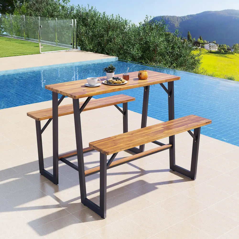Patio Picnic Table Bench Set with Acacia Wood Tabletop and Benchtop - Natural - Picnic Tables