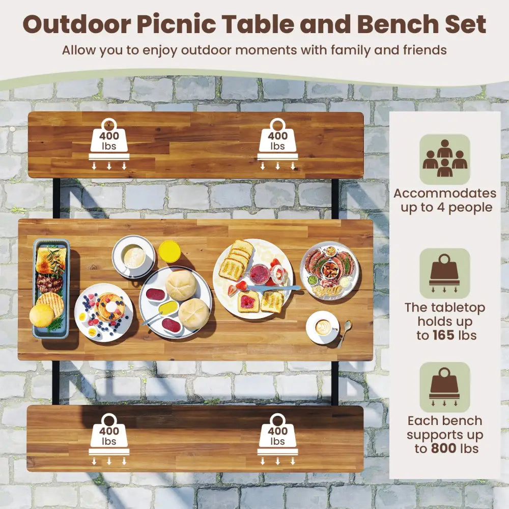 Patio Picnic Table Bench Set with Acacia Wood Tabletop and Benchtop - Natural - Picnic Tables