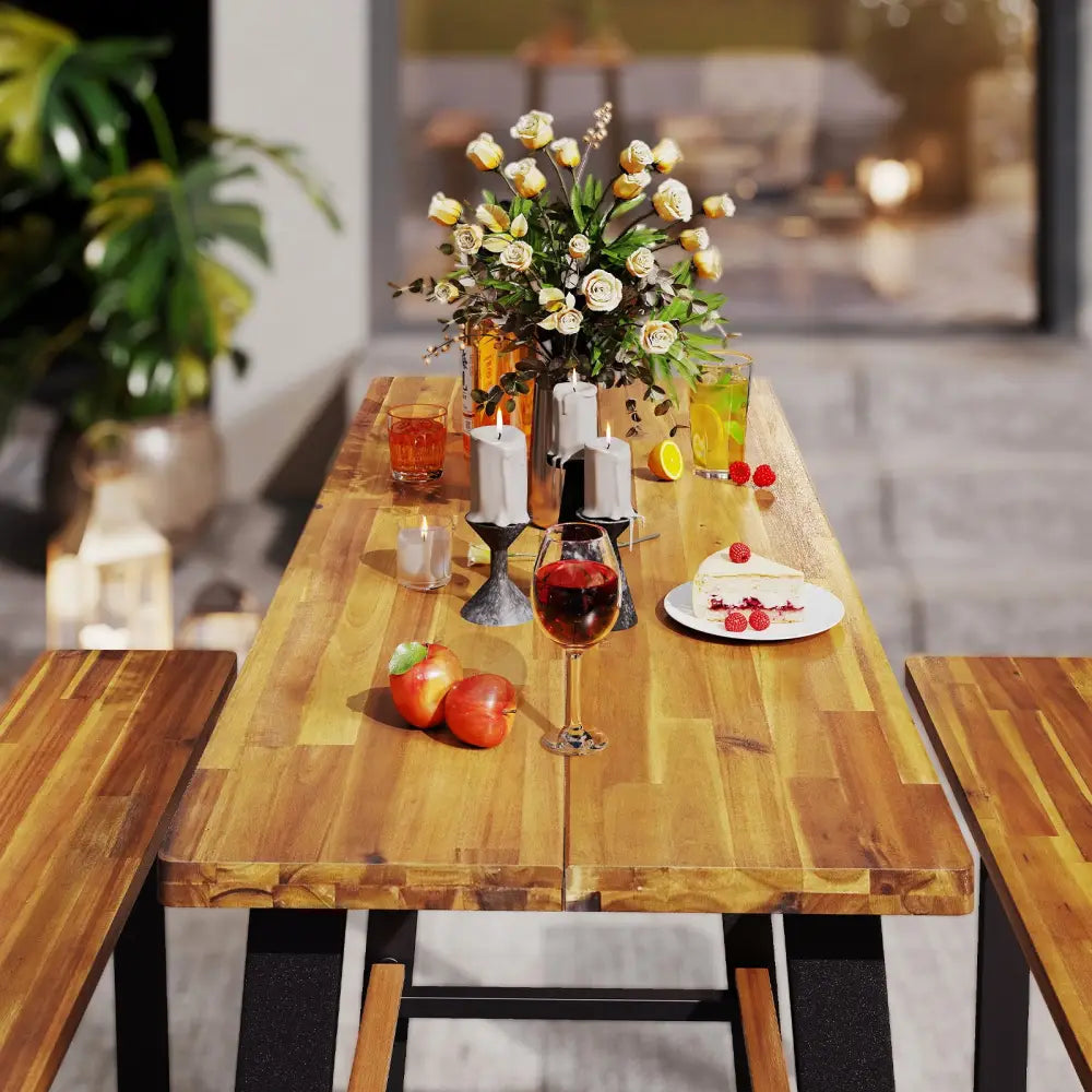Patio Picnic Table Bench Set with Acacia Wood Tabletop and Benchtop - Natural - Picnic Tables