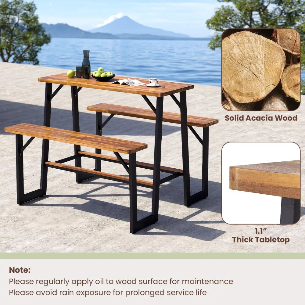 Patio Picnic Table Bench Set with Acacia Wood Tabletop and Benchtop - Natural - Picnic Tables