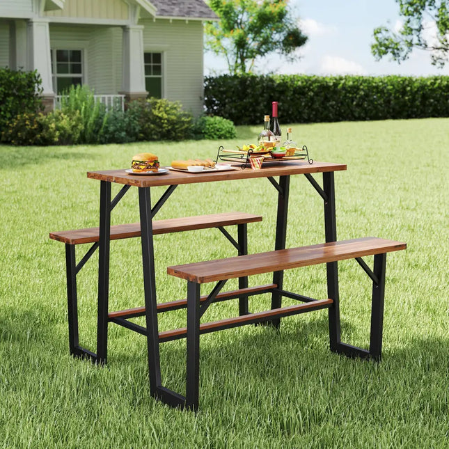 Patio Picnic Table Bench Set with Acacia Wood Tabletop and Benchtop - Natural - Picnic Tables
