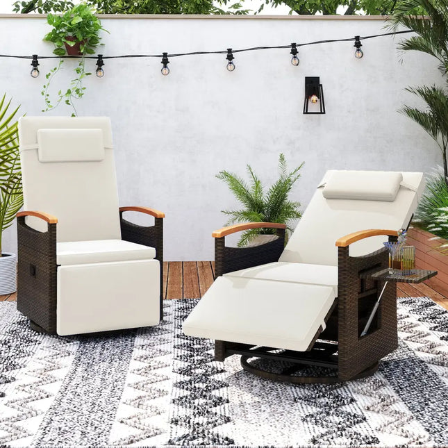 Patio Rattan 360° Swivel Recliner Chair with Adjustable Backrest and Footrest-White - White - Outdoor Chaise Lounges