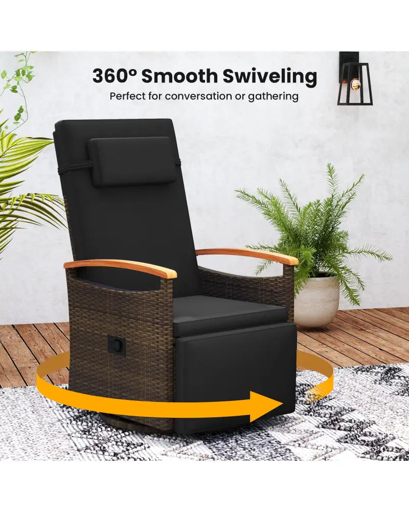 Patio Rattan 360° Swivel Recliner Chair with Adjustable Backrest and Footrest-Black - Black - Outdoor Chaise Lounges