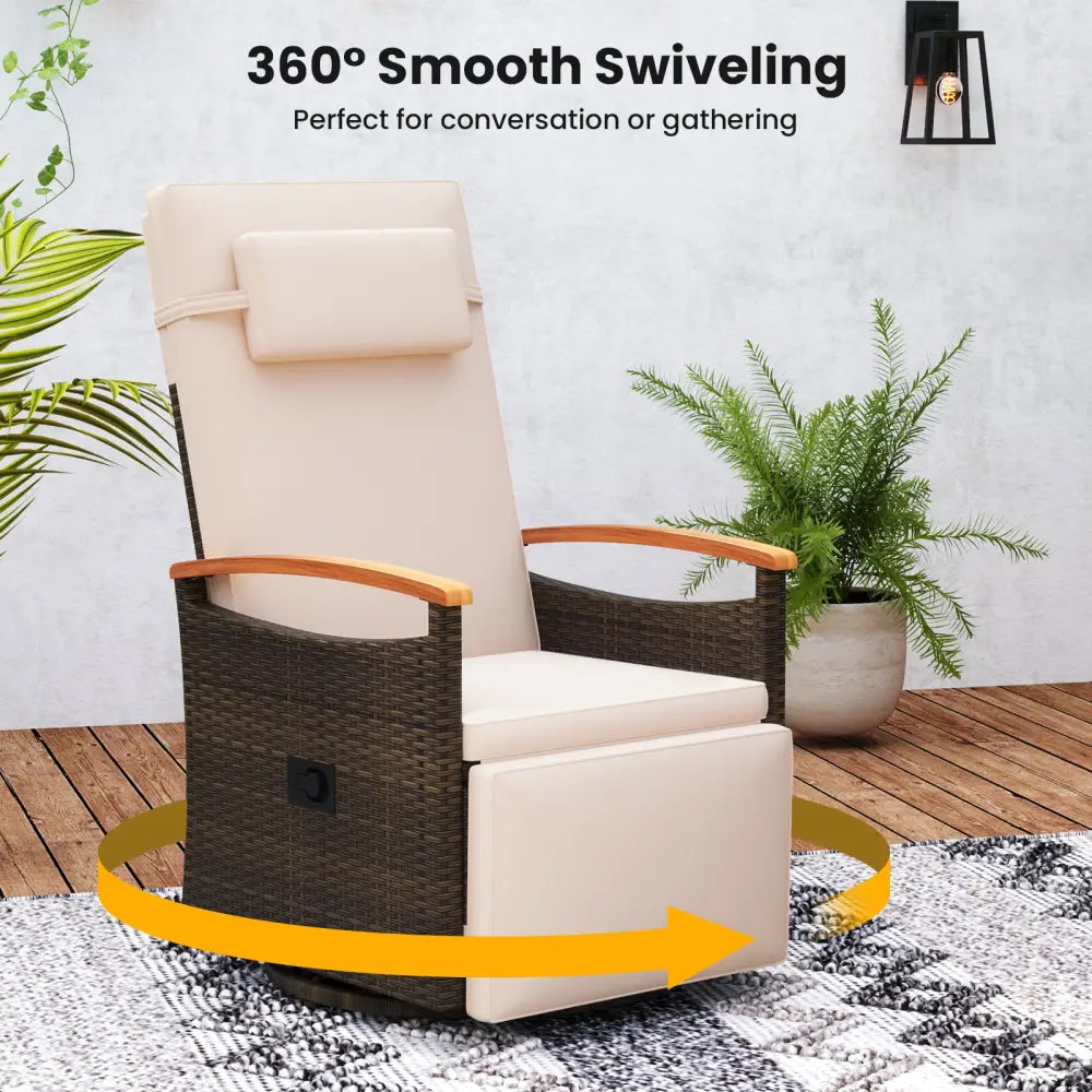Patio Rattan 360° Swivel Recliner Chair with Adjustable Backrest and Footrest-Beige - Beige - Outdoor Chaise Lounges