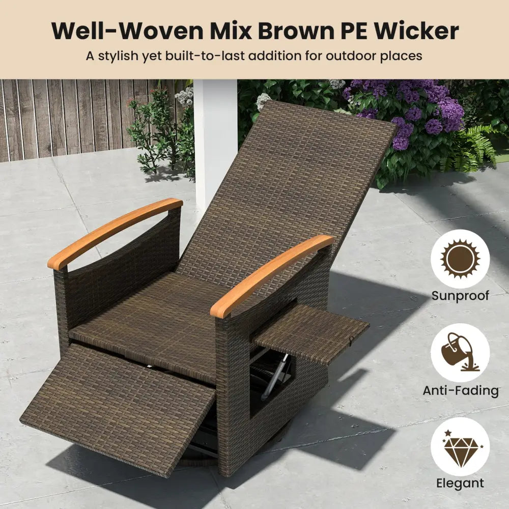 Patio Rattan 360° Swivel Recliner Chair with Adjustable Backrest and Footrest-Gray - Gray - Outdoor Chaise Lounges