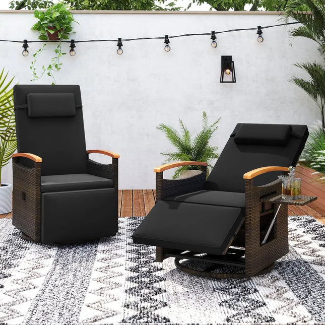 Patio Rattan 360° Swivel Recliner Chair with Adjustable Backrest and Footrest-Black - Black - Outdoor Chaise Lounges