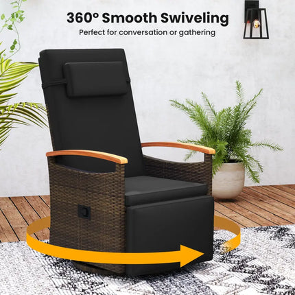 Patio Rattan 360° Swivel Recliner Chair with Adjustable Backrest and Footrest-Black - Black - Outdoor Chaise Lounges