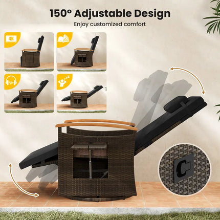 Patio Rattan 360° Swivel Recliner Chair with Adjustable Backrest and Footrest-Black - Black - Outdoor Chaise Lounges