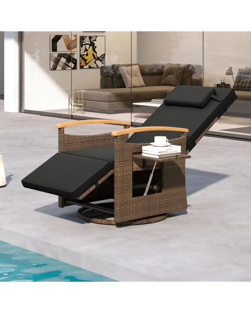 Patio Rattan 360° Swivel Recliner Chair with Adjustable Backrest and Footrest-Black - Black - Outdoor Chaise Lounges
