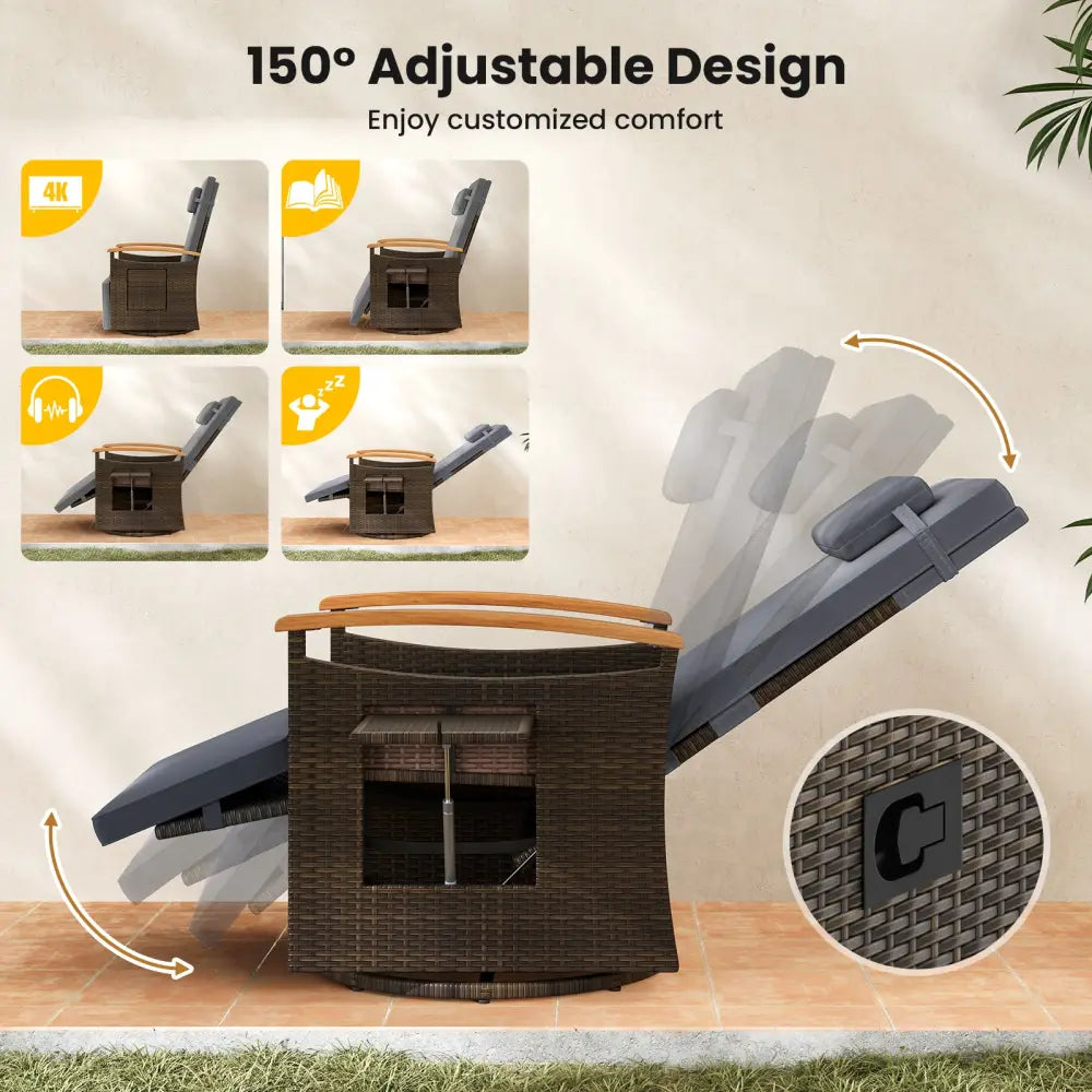 Patio Rattan 360° Swivel Recliner Chair with Adjustable Backrest and Footrest-Gray - Gray - Outdoor Chaise Lounges